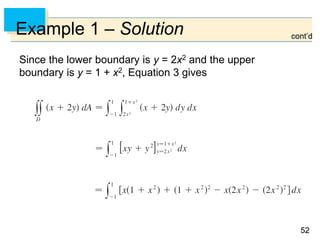5252
Example 1 – Solution
Since the lower boundary is y = 2x2 and the upper
boundary is y = 1 + x2, Equation 3 gives
cont’d
 