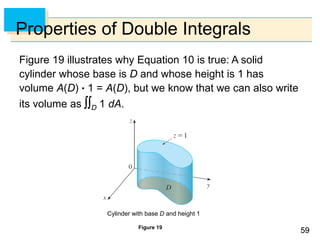 5959
Properties of Double Integrals
Figure 19 illustrates why Equation 10 is true: A solid
cylinder whose base is D and whose height is 1 has
volume A(D)  1 = A(D), but we know that we can also write
its volume as D 1 dA.
Cylinder with base D and height 1
Figure 19
 