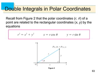 6363
Double Integrals in Polar Coordinates
Recall from Figure 2 that the polar coordinates (r, ) of a
point are related to the rectangular coordinates (x, y) by the
equations
Figure 2
 