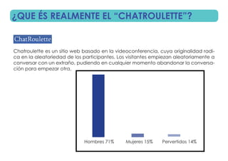 ¿QUE ÉS REALMENTE EL “CHATROULETTE”?


Chatroulette es un sitio web basado en la videoconferencia, cuya originalidad radi-
ca en la aleatoriedad de los participantes. Los visitantes empiezan aleatoriamente a
conversar con un extraño, pudiendo en cualquier momento abandonar la conversa-
ción para empezar otra.




                             Hombres 71%      Mujeres 15%     Pervertidos 14%
 