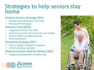 Strategies to help seniors stay
home
Ontario Seniors Strategy 2013
• Healthy Home Renovation Tax Credit
• Physician/NP Strategies
Patients First (2016)
• Integration of CCAC into LHINs
• Emphasis on home and community care models
• Focus on LHIN sub-region planning
• Self-directed care
Dementia Strategy 2017
• $3m to support navigation; caregivers
• LHINs to develop strategies
Ontario’s Action Plan for Seniors 2017
• Supporting independent, healthy living
 