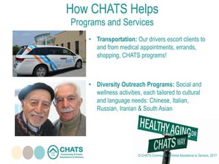 How CHATS Helps
Programs and Services
• Transportation: Our drivers escort clients to
and from medical appointments, errands,
shopping, CHATS programs!
• Diversity Outreach Programs: Social and
wellness activities, each tailored to cultural
and language needs: Chinese, Italian,
Russian, Iranian & South Asian
© CHATS Community & Home Assistance to Seniors, 2017
 