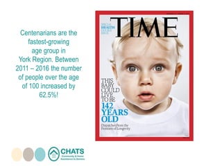 Centenarians are the
fastest-growing
age group in
York Region. Between
2011 – 2016 the number
of people over the age
of 100 increased by
62.5%!
 
