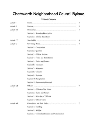 Chatsworth Neighborhood Council Bylaws
Table of Contents
Article I Name ……………………………………………………………… 3
Article II Purpose……………………………………………………………. 3
Article III Boundaries ………………………………………………………... 3
Section 1: Boundary Description
Section 2: Internal Boundaries
Article IV Stakeholder ……………………………………………………….. 4
Article V Governing Board………………………………………………....... 4
Section 1: Composition
Section 2: Quorum
Section 3: Official Actions
Section 4: Terms and Term Limits
Section 5: Duties and Powers
Section 6: Vacancies
Section 7: Absences
Section 8: Censure
Section 9: Removal
Section 10: Resignation
Section 11: Community Outreach
Article VI Officers …………………………………………………………… 7
Section 1: Officers of the Board
Section 2: Duties and Powers
Section 3: Selection of Officers
Section 4: Officer Terms
Article VII Committees and their Duties……………………………………… 7
Section 1: Standing
Section 2: Ad Hoc
Section 3: Committee Creation and Authorization
 