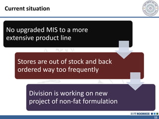 11
Current situation
No upgraded MIS to a more
extensive product line
Stores are out of stock and back
ordered way too frequently
Division is working on new
project of non-fat formulation
 