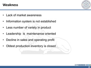 20
Weakness
• Lack of market awareness
• Information system is not established
• Less number of variety in product
• Leadership is maintenance oriented
• Decline in sales and operating profit
• Oldest production inventory is closed
 