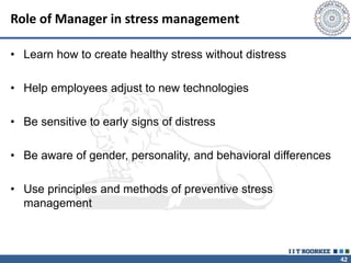 42
Role of Manager in stress management
• Learn how to create healthy stress without distress
• Help employees adjust to new technologies
• Be sensitive to early signs of distress
• Be aware of gender, personality, and behavioral differences
• Use principles and methods of preventive stress
management
 