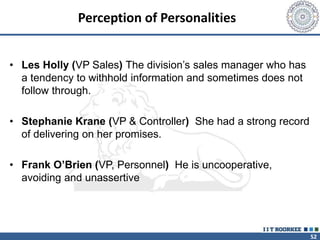 52
Perception of Personalities
• Les Holly (VP Sales) The division’s sales manager who has
a tendency to withhold information and sometimes does not
follow through.
• Stephanie Krane (VP & Controller) She had a strong record
of delivering on her promises.
• Frank O’Brien (VP, Personnel) He is uncooperative,
avoiding and unassertive
 