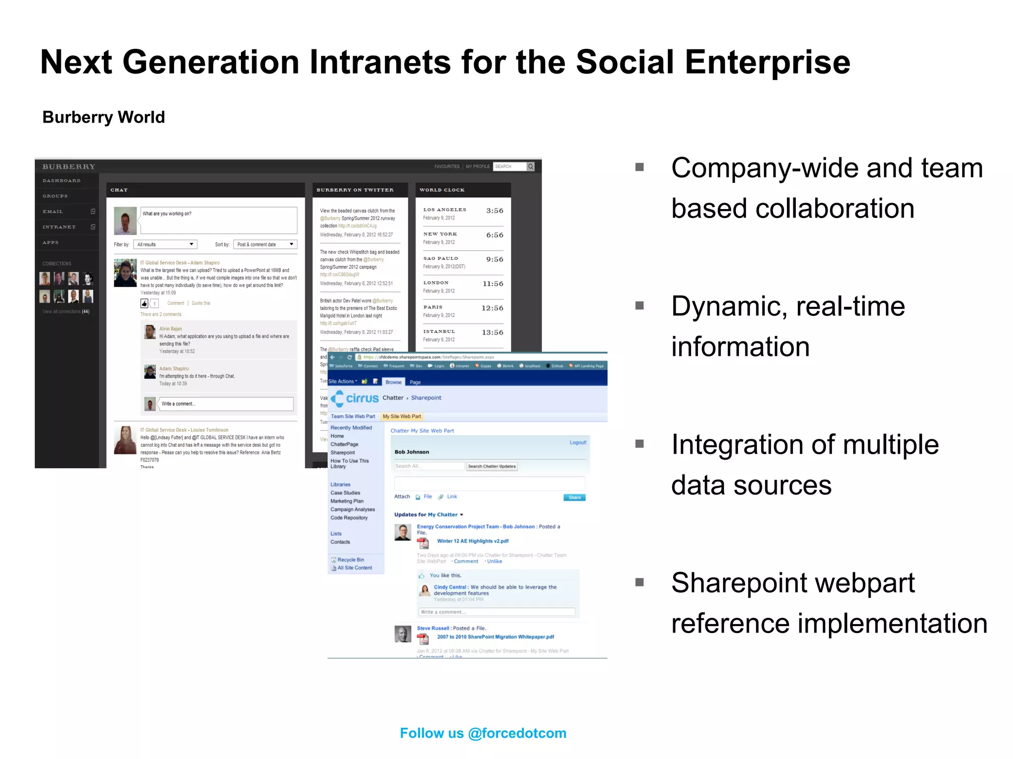 Next Generation Intranets for the Social Enterprise
Burberry World


                                                Company-wide and team
                                                 based collaboration


                                                Dynamic, real-time
                                                 information


                                                Integration of multiple
                                                 data sources


                                                Sharepoint webpart
                                                 reference implementation


                      Follow us @forcedotcom
 