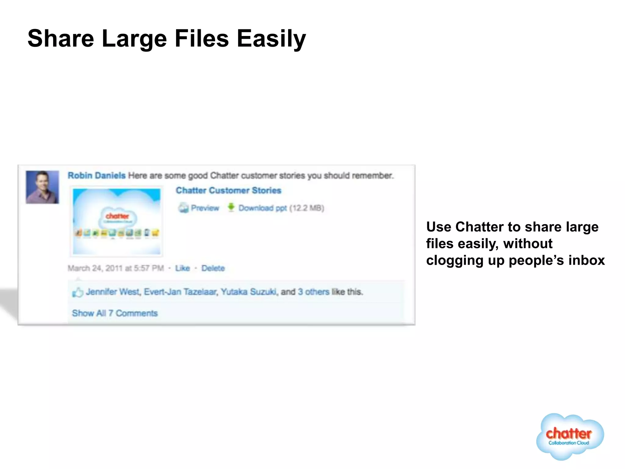 Share Large Files Easily




                           Use Chatter to share large
                           files easily, without
                           clogging up people’s inbox
 