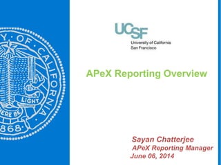 APeX Reporting Overview
Sayan Chatterjee
APeX Reporting Manager
June 06, 2014
1
 