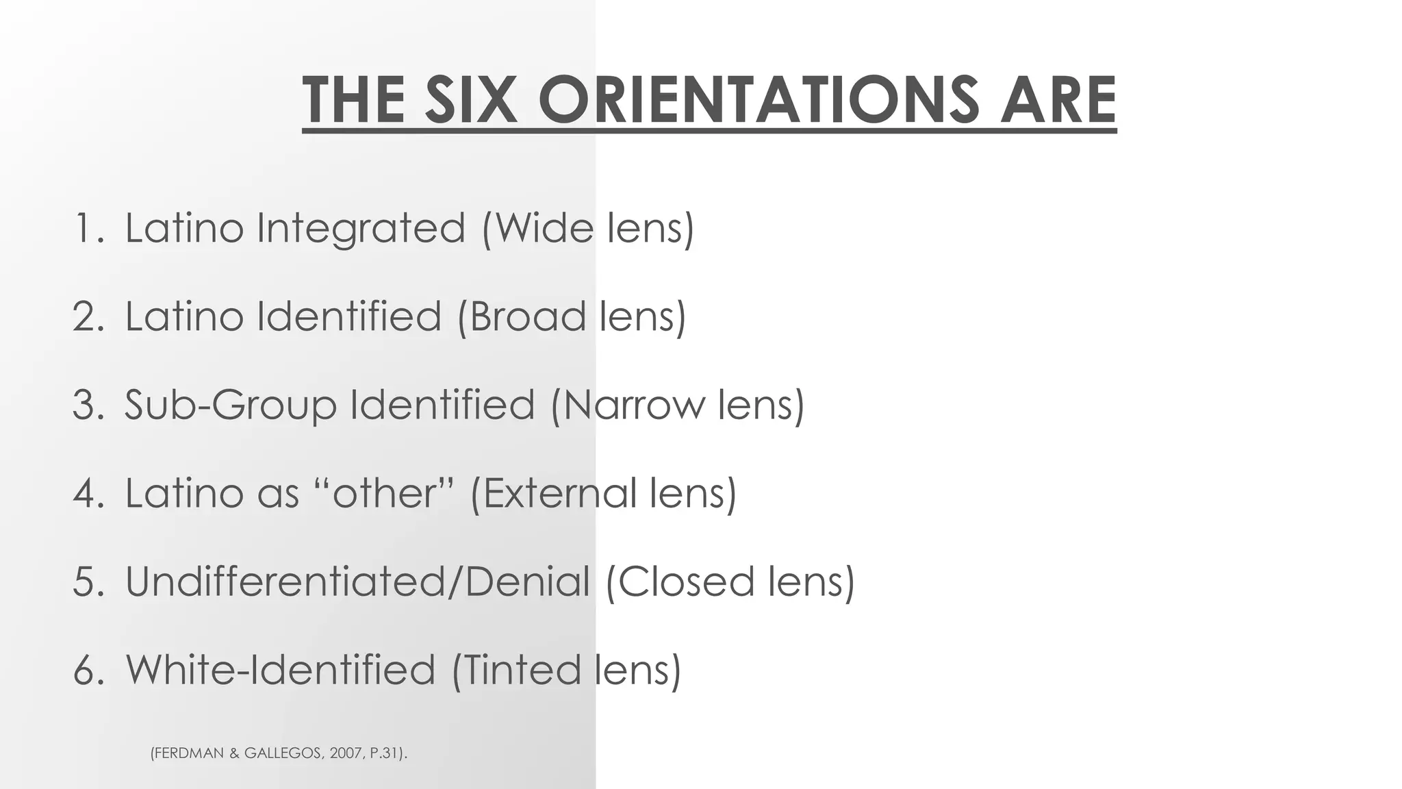 THE SIX ORIENTATIONS ARE
1. Latino Integrated (Wide lens)
2. Latino Identified (Broad lens)
3. Sub-Group Identified (Narrow lens)
4. Latino as “other” (External lens)
5. Undifferentiated/Denial (Closed lens)
6. White-Identified (Tinted lens)
(FERDMAN & GALLEGOS, 2007, P.31).
 