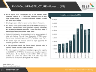 For information, please visit www.ibef.orgCHHATTISGARH24
PHYSICAL INFRASTRUCTURE – Power … (1/2)
 As of August 2017, Chhattisgarh had a total installed power
generation capacity of 12,739.30 MW, comprising 7,651.81 MW
under private utilities, 3,411.05 MW under state utilities & 1676.44
MW under central utilities.
 Chhattisgarh is one of the few power surplus states in the country.
 The thermal power plants contributed 12138.44 MW of capacity to
the state’s overall installed power generation capacity, followed by
432.86 MW from renewable resources, 120 MW from hydro power &
the remaining 48 MW from nuclear power plants.
 Korba in Chhattisgarh is termed as the one of the “power capitals” of
India, with National Thermal Power Corporation (NTPC)’s super
thermal power plant working at around 79% Plant Load Factor (PLF).
 The state's huge coal reserves present a large opportunity for
electricity generation in the state.
 In the hydropower sector, the Hasdeo Bango reservoir offers a
relatively cheaper source of power generation.
 The state has planned to achieve installed power generation capacity
of 30,000 MW by 2017-18. For developing and strengthening power
infrastructure a 5 year Capital Investment Plan (CIP) has been
chalked out. Under this scheme US$ 1.14 billion has been
sanctioned for development, during 2016-17 to 2020-21.
Visakhapatnam port traffic (million tonnes)Installed power capacity (MW)
Source: Central Electricity Authority
4,769.5
4,882.4
5,347.3
6,531.9
9,824.9
13,085.5
15,575.5
12,509.8
12,739.3
0.0
2,000.0
4,000.0
6,000.0
8,000.0
10,000.0
12,000.0
14,000.0
16,000.0
18,000.0
2009-10
2010-11
2011-12
2012-13
2013-14
2014-15
2015-16
2016-17
2017-18*
Note: *till August 2017
 