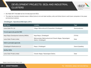 For information, please visit www.ibef.orgCHHATTISGARH31
DEVELOPMENT PROJECTS: SEZs AND INDUSTRIAL
CLUSTERS
 As of April 2017, the state had two formally-approved SEZs.
 The state has important industrial areas in Bhilai (home to iron and steel ancillary units) and Korba (home to well known companies in the power
and aluminium sectors).
Chhattisgarh - Operational SEZ (April, 2017)
SEZ Name Location Type
Lanco Solar Pvt. Ltd Village- Mehrumkhurd & Chawardhal, Chhattisgarh Semiconductors
Formal approvals granted SEZ
Naya Raipur Development Authority (NRDA) Naya Raipur, Chhattisgarh IT/ITeS
Lanco Solar Private Limited
Mahroomkala, Mahroomkurd and Chaveli villages, Rajnandgaon
District, Chhattisgarh
Solar
Valid in-principle approvals
Chhattisgarh Infrastructure Ltd. Raipur, Chhattisgarh Gems & jewellery
Notified SEZs
Lanco Solar Private Limited Chaveli villages, Rajnandgaon District, Solar
Source: Special Economic Zones in India
 