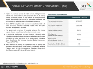 For information, please visit www.ibef.orgCHHATTISGARH32
SOCIAL INFRASTRUCTURE – EDUCATION … (1/2)
 In 2013-14, 8 primary schools, 30 middle schools, 217 higher middle
schools were introduced in the state whereas in 2014-15, 45 primary
schools, 35 middle schools, 70 high schools & 150 higher middle
schools were opened. As of 2016-17, eight state universities, one
central university & eight private universities are operational.
 Under 2017-18 budget, the state government has allocated US$ 1.86
billion for school education and US$ 147.67 million for higher
education development in the state.
 The government announced 2 fellowship schemes for medical
experts, doctors, & youth serving the nation in remote areas.
 To improve & enhance the education quality & efficiency of the
Engineering Education System, a financing agreement for IDA credit
of US$ 201.50 million was signed by the Government of India & the
World Bank for the ‘3rd Technical Education Quality Improvement
Program' (TEQIP III).
 Main objective of signing the agreement was to improve the
engineering education sector in the states of Uttarakhand, Himachal
Pradesh, Bihar, UP, MP, Chhattisgarh & Rajasthan, along with 8
North Eastern states & Andaman & Nicobar Islands.
Source: Economic Survey of Chhattisgarh, 2014-15, State Budget 2015-16
Rajiv Gandhi Shiksha Mission
Component Achievements (2014-15)
Free text book distribution 2,780,837
Free uniform distribution 2,626,798
Teacher training program 28,783
School grants
(primary & upper primary)
47,589
Repair Grants
(primary & upper primary)
45,172
Kasturba Gandhi Girls School 93
 