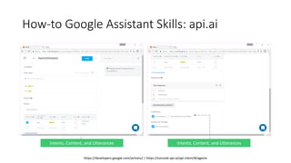 How-to Google Assistant Skills: api.ai
https://developers.google.com/actions/ | https://console.api.ai/api-client/#/agents...