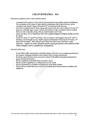 CHATURTHAMSA D/4
Notes prepared for students of Jyotisha Visharada, Jyotisha Bharati, Bharatiya Vidya Bhavan, Mumbai, India, by Prof. Anthony Writer
8
Placements of planets in D-1 Chart and D-4 charts
- Ascendant of D-1 chart is Virgo and its lord is placed in descendant, which is debilitated.
The ascendant of D-4 chart is virgo which is virgottama with its lord Mercury in the
Acendant and exalted. Moon, the lord of 11th
is associated with Mercury.
- The Sun is exalted in the 8th
house along with Venus in the D-1 chart while it is in the 11th
house, in a friendly sign, Cancer, (whose lord Moon is in the Ascendant with an exalted
Mercury who swagrahi), along with an exalted Jupiter and Venus.
- Moon and Mars are on Sanatana: One who regains happiness despite losing it in the
D- chart.
- In the D-1 chart, 3rd
and 8th
lord Mars, who is exalted, is with Jupiter lord of 4th
and 7th
,
forming a neech bangh raj yog. Jupiter aspects its dispositor Saturn in the 9th
house, 11th
house and ascendant. Mars aspects and exalted Sun and Venus, and Mars is their
dispositor. Jupiter in such a situation denotes good possessions and comforts of life
when in dignity and is a significator of happiness.
The facts of the case:
- From 1990 to 2007, during Mars and Rahu dashas, the native was a leading sportsman in
the country, bringing accolades to the country both, at home and abroad.
- He made a great fortune and is assessed to about $ 150 million through participation is
games and advertisements.
- He has a palatial eco-friendly home and other assets.
- He has social recognition as a celebrity all over the world.
- He has nominated as a Member of Parliament to the Rajya Sabha.
- Moon with an exalted Mercury in the D-4 ascendant gives him permanent stability and
happiness.
 