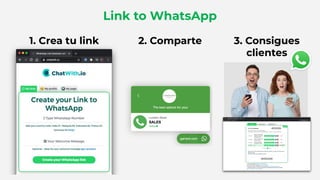1. Crea tu link 3. Consigues
clientes
2. Comparte
Link to WhatsApp
 