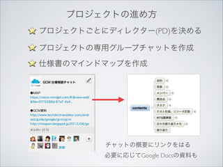 プロジェクトの進め方
プロジェクトごとにディレクター(PD)を決める	

プロジェクトの専用グループチャットを作成	

仕様書のマインドマップを作成	


チャットの概要にリンクをはる
必要に応じてGoogle Docsの資料も

 