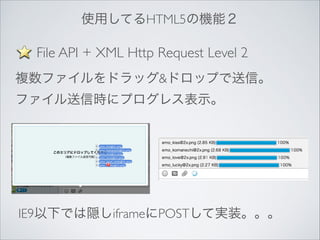 使用してるHTML5の機能２

File API + XML Http Request Level 2
複数ファイルをドラッグ&ドロップで送信。	

ファイル送信時にプログレス表示。

IE9以下では隠しiframeにPOSTして実装。。。

 