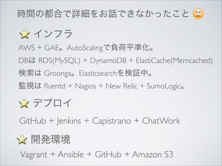 時間の都合で詳細をお話できなかったこと

インフラ
AWS + GAE。AutoScalingで負荷平準化。	

DBは RDS(MySQL) + DynamoDB + ElastiCache(Memcached)	

検索は Groonga。Elasticsearchを検証中。	

監視は ﬂuentd + Nagios + New Relic + SumoLogic。

デプロイ
GitHub + Jenkins + Capistrano + ChatWork

開発環境
Vagrant + Ansible + GitHub + Amazon S3

 