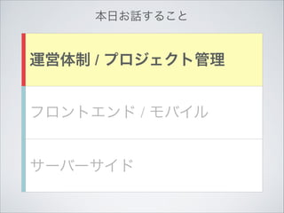 本日お話すること

運営体制 / プロジェクト管理
フロントエンド / モバイル
サーバーサイド

 