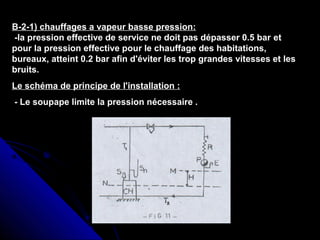 B-2-1) chauffages a vapeur basse pression:
-la pression effective de service ne doit pas dépasser 0.5 bar et
pour la pression effective pour le chauffage des habitations,
bureaux, atteint 0.2 bar afin d'éviter les trop grandes vitesses et les
bruits.
Le schéma de principe de l'installation :
- Le soupape limite la pression nécessaire .
 