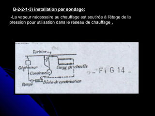 B-2-2-1-3) installation par sondage:
-La vapeur nécessaire au chauffage est soutirée à l'étage de la
pression pour utilisation dans le réseau de chauffage .
 