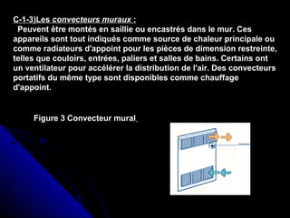 C-1-3)Les convecteurs muraux :
Peuvent être montés en saillie ou encastrés dans le mur. Ces
appareils sont tout indiqués comme source de chaleur principale ou
comme radiateurs d'appoint pour les pièces de dimension restreinte,
telles que couloirs, entrées, paliers et salles de bains. Certains ont
un ventilateur pour accélérer la distribution de l'air. Des convecteurs
portatifs du même type sont disponibles comme chauffage
d'appoint.
Figure 3 Convecteur mural
 
