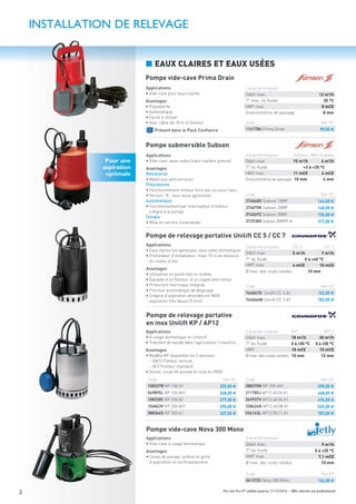 2 Prix nets Pro HT valables jusqu’au 31/12/2016 – Offre réservée aux professionnels
Applications
• Vide-cave pour eaux claires
Avantages
• Polyvalente
• Automatique
• Facile à utiliser
• Avec câble de 10 m et ﬂotteur
PACK
Présent dans le Pack Conﬁance
Applications
• À usage domestique et collectif
• Transfert de liquide dans l’agriculture, l’industrie…
Avantages
• Modèle KP disponible en 2 versions:
– (AV1) Flotteur vertical,
– (A1) Flotteur standard
• Volute, corps de pompe et roue en INOX
INSTALLATION DE RELEVAGE
Applications
• Eaux claires non agressives, eaux usées domestiques
• Profondeur d’installation: maxi 10 m en dessous
du niveau d’eau
Avantages
• Utilisation en poste ﬁxe ou mobile
• Équipée d’un ﬂotteur, d’un clapet anti-retour
• Protection thermique intégrée
• Fonction automatique de dégazage
• Crépine d’aspiration amovible en INOX
aspiration très basse (3 mm)
Applications
• Vide-cave, eaux usées (sans matière grasse)
Avantages
Résistante
• Matériaux anticorrosion
Polyvalente
• Fonctionnement moteur hors eau ou sous l’eau
• Version “A”, pour eaux agressives
Automatique
• Fonctionnement par interrupteur à ﬂotteur
intégré à la pompe
Simple
• Mise en service instantanée
Pompe vide-cave Prima Drain
Pompe submersible Subson
Pompe de relevage portative Unilift CC 5 / CC 7
Pompe de relevage portative
en inox Unilift KP / AP12
Applications
• Vide-cave à usage domestique
Avantages
• Corps de pompe, turbine et grille
d’aspiration en technopolymère
■ EAUX CLAIRES ET EAUX USÉES
Pour une
aspiration
optimale
Caractéristiques
Débit max. 12 m3
/h
T° max. du ﬂuide 35 °C
HMT max. 8 mCE
Granulométrie de passage 8 mm
Caractéristiques Subson Mini Subson
Débit max. 15 m3/h 4 m3/h
T° du ﬂuide +3 à +35 °C
HMT max. 11 mCE 6 mCE
Granulométrie de passage 10 mm 4 mm
Code Net HT
1141786 Prima Drian 90,00 €
Code Net HT
374068O Subson 10MF 164,00 €
374070K Subson 20MF 168,00 €
374069Z Subson 30MF 196,00 €
373938O Subson 30MFP-A 317,00 €
Caractéristiques CC 5 CC 7
Débit max. 5 m3
/h 7 m3
/h
T° du ﬂuide 0 à +40 °C
HMT max. 6 mCE 10 mCE
Ø max. des corps solides 10 mm
Code Net HT
764067D Unilift CC 5.A1 152,00 €
764064W Unilift CC 7.A1 182,00 €
Caractéristiques KP AP12
Débit max. 18 m3
/h 30 m3
/h
T° du ﬂuide 0 à +50 °C 0 à +55 °C
HMT 18 mCE 15 mCE
Ø max. des corps solides 10 mm 12 mm
Code Net HT
388370K KP 350 AV1 390,00 €
211785J AP12.40.04.A1 448,00 €
369937V AP12.40.06.A1 476,00 €
338424K AP12.40.08.A1 565,00 €
526163L AP12.50.11.A1 787,00 €
Code Net HT
108327R KP 150.A1 225,00 €
569895L KP 150.AV1 248,00 €
108328C KP 250.A1 277,00 €
106843V KP 250.AV1 290,00 €
388366S KP 350.A1 337,00 €
Pompe vide-cave Nova 300 Mono
Caractéristiques
Débit max. 9 m3/h
T° du ﬂuide 0 à +35 °C
HMT max. 7,1 mCE
Ø max. des corps solides 10 mm
Code Net HT
061372C Nova 300 Mono 126,00 €
 
