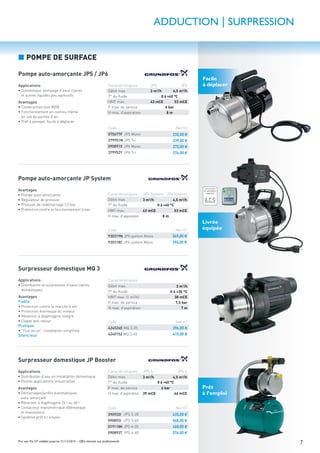 7Prix nets Pro HT valables jusqu’au 31/12/2016 – Offre réservée aux professionnels
Facile
à déplacerApplications
• Domestique, pompage d’eaux claires
et autres liquides peu agressifs
Avantages
• Construction tout INOX
• Fonctionnement en continu même
en cas de poches d’air
• Prêt à pomper, facile à déplacer
Pompe auto-amorçante JP5 / JP6
Caractéristiques JP5 JP6
Débit max. 3 m3/h 4,5 m3/h
T° du ﬂuide 0 à +40 °C
HMT max. 43 mCE 53 mCE
P max. de service 6 bar
H max. d’aspiration 8 m
Code Net HT
075677F JP5 Mono 232,00 €
379951N JP5 Tri 239,00 €
090891X JP6 Mono 272,00 €
379952Y JP6 Tri 274,00 €
Applications
• Distribution et surpression d’eaux claires
domestiques
Avantages
Fiable
• Protection contre la marche à sec
• Protection thermique du moteur
• Réservoir à diaphragme intégré
• Clapet anti-retour
Pratique
• “Tout en un”, installation simpliﬁée
Silencieux
Surpresseur domestique MQ 3
Code Net HT
424526E MQ 3-35 396,00 €
424015Z MQ 3-45 415,00 €
Caractéristiques
Débit max. 3 m3/h
T° du ﬂuide 0 à +35 °C
HMT max. (1 m3
/h) 38 mCE
P max. de service 7,5 bar
H max. d’aspiration 7 m
ADDUCTION | SURPRESSION
■ POMPE DE SURFACE
Applications
• Distribution d’eau en installation domestique
• Petites applications industrielles
Avantages
• Démarrages/arrêts automatiques,
auto-amorçant
• Réservoir à diaphragme 24 l ou 60 l
• Contacteur manométrique télématique
et manomètre
• Système prêt à l’emploi
Surpresseur domestique JP Booster
Caractéristiques JPS 5 JPS 6
Débit max. 3 m3
/h 4,5 m3
/h
T° du ﬂuide 0 à +40 °C
P max. de service 6 bar
H max. d’aspiration 39 mCE 46 mCE
Code Net HT
390932I JPS 5-20 433,00 €
090892I JPS 5-60 548,00 €
019118K JPS 6-20 460,00 €
090893T JPS 6-60 574,00 €
Prêt
à l’emploi
Avantages
• Pompe auto-amorçante
• Régulateur de pression
• Pression de redémarrage 1,5 bar
• Protection contre le fonctionnement à sec
Pompe auto-amorçante JP System
Caractéristiques JP5 System JP6 System
Débit max. 3 m3/h 4,5 m3/h
T° du ﬂuide 0 à +40 °C
HMT max. 43 mCE 53 mCE
H max. d’aspiration 8 m
Code Net HT
930319N JP5 system Mono 349,00 €
930318C JP6 system Mono 394,00 €
Livrée
équipée
ÉCONOMIE
D'EAU GARANTIE
ÉCONOMIE
D'EAU GARANTIE
LIMITEUR
DE DÉBIT
O%
50%
100%
ATTESTATION
DE CONFORMITÉ
SANITAIRE
A.C.S
GARANTIE
10 ANS
GARANTIE
1 AN
GARANTIE
2ANS
GARANTIE
5ANS
 