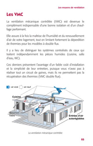 Les moyens de ventilation 
Les VMC 
La ventilation mécanique contrôlée (VMC) est devenue le 
complément indispensable d’une bonne isolation et d’un chauf-fage 
93 
performant. 
Elle assure à la fois la maîtrise de l’humidité et du renouvellement 
d’air de votre logement, tout en limitant fortement la déperdition 
de thermies pour les modèles à double flux. 
Il y a lieu de distinguer les systèmes centralisés de ceux qui 
traitent indépendamment les pièces humides (cuisine, salle 
d’eau, WC). 
Ces derniers présentent l’avantage d’un faible coût d’installation 
et la simplicité de leur entretien, puisque vous n’avez pas à 
réaliser tout un circuit de gaines, mais ils ne permettent pas la 
récupération des thermies (VMC double flux). 
air vicié air neuf 
La ventilation mécanique contrôlée 
Cuisine 
Entrées d’air 
autoréglables 
Bains 
Bouches 
fixes 
WC 
 