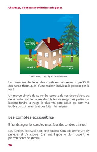 Chauffage, isolation et ventilation écologiques 
26 
Renouvellement 
d’air Toits 
Portes 
et fenêtres 
Murs 
Ponts thermiques 
Les pertes thermiques de la maison 
Sols 
Les moyennes de déperdition constatées font ressortir que 25 % 
des fuites thermiques d’une maison individuelle passent par le 
toit ! 
Un moyen simple de se rendre compte de ces déperditions est 
de surveiller son toit après des chutes de neige : les parties qui 
laissent fondre la neige le plus vite sont celles qui sont mal 
isolées ou qui présentent des fuites thermiques. 
Les combles accessibles 
Il faut distinguer les combles accessibles des combles utilisées ! 
Les combles accessibles ont une hauteur sous toit permettant d’y 
pénétrer et d’y circuler (par une trappe le plus souvent) et 
peuvent servir de grenier. 
 