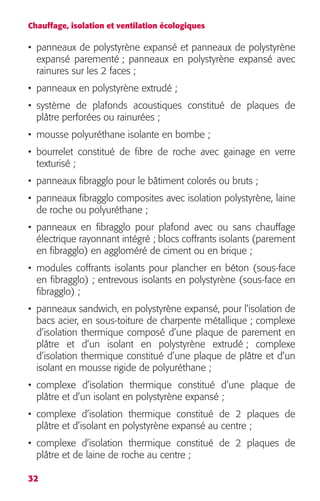 Chauffage, isolation et ventilation écologiques 
• panneaux de polystyrène expansé et panneaux de polystyrène 
expansé parementé ; panneaux en polystyrène expansé avec 
rainures sur les 2 faces ; 
• panneaux en polystyrène extrudé ; 
• système de plafonds acoustiques constitué de plaques de 
plâtre perforées ou rainurées ; 
• mousse polyuréthane isolante en bombe ; 
• bourrelet constitué de fibre de roche avec gainage en verre 
texturisé ; 
• panneaux fibragglo pour le bâtiment colorés ou bruts ; 
• panneaux fibragglo composites avec isolation polystyrène, laine 
de roche ou polyuréthane ; 
• panneaux en fibragglo pour plafond avec ou sans chauffage 
électrique rayonnant intégré ; blocs coffrants isolants (parement 
en fibragglo) en aggloméré de ciment ou en brique ; 
• modules coffrants isolants pour plancher en béton (sous-face 
en fibragglo) ; entrevous isolants en polystyrène (sous-face en 
fibragglo) ; 
• panneaux sandwich, en polystyrène expansé, pour l’isolation de 
bacs acier, en sous-toiture de charpente métallique ; complexe 
d’isolation thermique composé d’une plaque de parement en 
plâtre et d’un isolant en polystyrène extrudé ; complexe 
d’isolation thermique constitué d’une plaque de plâtre et d’un 
isolant en mousse rigide de polyuréthane ; 
• complexe d’isolation thermique constitué d’une plaque de 
plâtre et d’un isolant en polystyrène expansé ; 
• complexe d’isolation thermique constitué de 2 plaques de 
plâtre et d’isolant en polystyrène expansé au centre ; 
• complexe d’isolation thermique constitué de 2 plaques de 
plâtre et de laine de roche au centre ; 
32 
 
