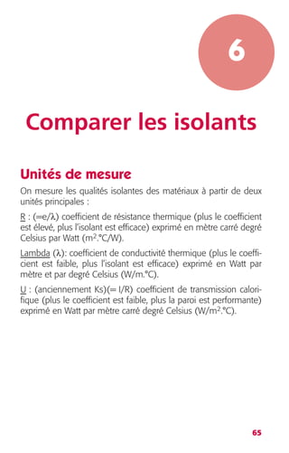 65 
6 
Comparer les isolants 
Unités de mesure 
On mesure les qualités isolantes des matériaux à partir de deux 
unités principales : 
R : (=e/λ) coefficient de résistance thermique (plus le coefficient 
est élevé, plus l’isolant est efficace) exprimé en mètre carré degré 
Celsius par Watt (m2.°C/W). 
Lambda (λ): coefficient de conductivité thermique (plus le coeffi-cient 
est faible, plus l’isolant est efficace) exprimé en Watt par 
mètre et par degré Celsius (W/m.°C). 
U : (anciennement Ks)(= I/R) coefficient de transmission calori-fique 
(plus le coefficient est faible, plus la paroi est performante) 
exprimé en Watt par mètre carré degré Celsius (W/m2.°C). 
 