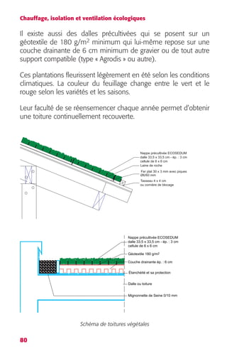 Chauffage, isolation et ventilation écologiques 
Il existe aussi des dalles précultivées qui se posent sur un 
géotextile de 180 g/m2 minimum qui lui-même repose sur une 
couche drainante de 6 cm minimum de gravier ou de tout autre 
support compatible (type « Agrodis » ou autre). 
Ces plantations fleurissent légèrement en été selon les conditions 
climatiques. La couleur du feuillage change entre le vert et le 
rouge selon les variétés et les saisons. 
Leur faculté de se réensemencer chaque année permet d’obtenir 
une toiture continuellement recouverte. 
80 
Nappe précultivée ECOSEDUM 
dalle 33,5 x 33,5 cm - ép. : 3 cm 
cellule de 6 x 6 cm 
Laine de roche 
Fer plat 30 x 3 mm avec piques 
Ø6/60 mm 
Tasseau 4 x 4 cm 
ou cornière de blocage 
Nappe précultivée ECOSEDUM 
dalle 33,5 x 33,5 cm - ép. : 3 cm 
cellule de 6 x 6 cm 
Géotextile 180 g/m2 
Couche drainante ép. : 6 cm 
Étanchéité et sa protection 
Dalle ou toiture 
Mignonnette de Seine 0/10 mm 
Schéma de toitures végétales 
 