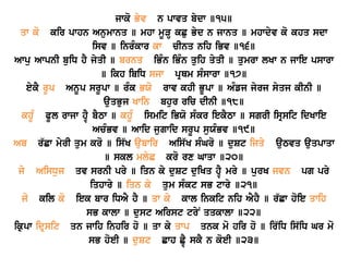 qw ko kir pwhn Anumwnq ] mhw mUVH kCu Byd n jwnq ] mhwdyv ko khq sdw 
isv ] inrMkwr kw cInq nih iBv ]16] 
Awpu AwpnI buiD hY jyqI ] brnq iBMn iBMn quih qyqI ] qumrw lKw n jwie pswrw 
] ikh ibiD sjw pRQm sMswrw ]17] 
eykY rUp AnUp srUpw ] rMk BXo rwv khI BUpw ] AMfj jyrj syqj kInI ] 
auqBuj Kwin bhur ric dInI ]18] 
khUM PUl rwjw hÍY bYTw ] khUM ismit iBXo sMkr iekYTw ] sgrI isRsit idKwie 
AcMBv ] Awid jugwid srUp suXMBv ]19] 
Ab r`Cw myrI qum kro ] is`K aubwir Ais`K sMGro ] duSt ijqy auTvq auqpwqw 
] skl mlyC kro rx Gwqw ]20] 
jy AisDuj qv srnI pry ] iqn ky duSt duiKq hÍY mry ] purK jvn pg pry 
iqhwry ] iqn ky qum sMkt sB twry ]21] 
jo kil ko iek bwr iDAY hY ] qw ky kwl inkit nih AYhY ] r`Cw hoie qwih 
sB kwlw ] dust Airst tryN qqkwlw ]22] 
ik®pw idRsit qn jwih inhir ho ] qw ky qwp qnk mo hir ho ] ir`iD is`iD Gr mo 
sB hoeI ] duSt Cwh CÍY skY n koeI ]23] 
 
