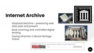 Internet Archive
Wayback Machine - preserving web
sites past and present
Book scanning and controlled digital
lending
Savi...