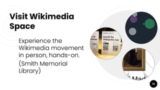 Visit Wikimedia
Space
Experience the
Wikimedia movement
in person, hands-on.
(Smith Memorial
Library)
76
 