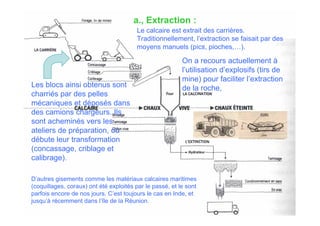 a., Extraction :
Le calcaire est extrait des carrières.
Traditionnellement, l’extraction se faisait par des
moyens manuels (pics, pioches,…).
On a recours actuellement à
l’utilisation d’explosifs (tirs de
mine) pour faciliter l’extraction
de la roche,Les blocs ainsi obtenus sont
charriés par des pelles
mécaniques et déposés dans
des camions chargeurs. Ils
sont acheminés vers les
ateliers de préparation, où
débute leur transformation
(concassage, criblage et
calibrage).
D’autres gisements comme les matériaux calcaires maritimes
(coquillages, coraux) ont été exploités par le passé, et le sont
parfois encore de nos jours. C’est toujours le cas en Inde, et
jusqu’à récemment dans l’île de la Réunion.
 