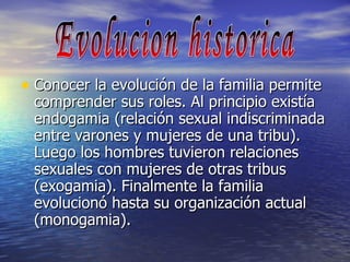 Conocer la evolución de la familia permite comprender sus roles. Al principio existía endogamia (relación sexual indiscriminada entre varones y mujeres de una tribu). Luego los hombres tuvieron relaciones sexuales con mujeres de otras tribus (exogamia). Finalmente la familia evolucionó hasta su organización actual (monogamia). Evolucion historica 