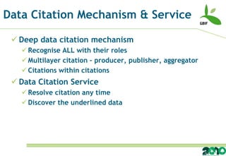 Data Citation Mechanism & Service

  Deep data citation mechanism
    Recognise ALL with their roles
    Multilayer citation – producer, publisher, aggregator
    Citations within citations
  Data Citation Service
    Resolve citation any time
    Discover the underlined data
 