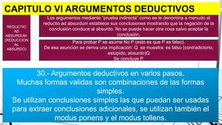 CAPITULO Vl ARGUMENTOS DEDUCTIVOS
L
REDUCTIO
AD
ABSURDUM.
(REDUCCION
AL
ABSURDO)
Los argumentos mediante “prueba indirecta” como se le denomina a menudo al
reductio ad absurdum establece sus conclusiones mostrando que la negación de la
conclusión conduce al absurdo. No se puede hacer otra cosa salvo aceptar la
conclusión.
Para probar P se asume No P (esto es que P es falso).
De esa asunción se deriva una implicación: Q se muestra: es falso (contradictorio,
estúpido, absurdo)Q
Se concluye P.
30.- Argumentos deductivos en varios pasos.
Muchas formas validas son combinaciones de las formas
simples.
Se utilizan conclusiones simples las que puedan ser usadas
para extraer conclusiones adicionales, se utilizan también el
modus ponens y el modus tollens.
 