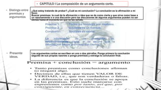 ¿Qué estoy tratando de probar? ¿Cuál es mi conclusión? La conclusión es la afirmación a mi
favor.
Buscar premisas: la cual da la afirmación o idea que se da como cierta y que sirve como base a
un razonamiento o a una discusión pero las discusiones de algunos argumentos pueden no ser
obvias hasta el momento en que se las señala.
• Distinga entre
premisas y
argumentos
• Presente
ideas.
Los argumentos cortos se escriben en uno o dos párrafos: Ponga primero la conclusión
seguido de sus propias razones o ponga premisas y extraiga la conclusión final.
• CAPITULO I La composición de un argumento corto.
 
