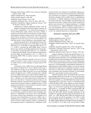 1137Bivalves límnicos da bacia do rio dos Sinos, Rio Grande do Sul...
Revista Brasileira de Zoologia 23 (4): 1123–1147, dezembro 2006
Mycetopus clessini Fischer, 1890: 8 (novo nome pro Mycetopus
plicatus Clessin, 1882).
Glabaris nehringi Ihering, 1893: 60 (partim).
Glabaris clessini: Simpson, 1900: 930.
Anodontites clessini: Simpson, 1914: 1450.
Anodontites soleniformis: Haas, 1931b: 93; Haas, 1969: 564.
Anodontites (Anodontites) crispatus tenebricosus: Mansur, 1970:
44; Bonetto & Mansur, 1970: 255.
Anodontites (A.) crispatus soleniformis: Mansur, 1970: 46.
Diagnose. Distingue-se pela forma elíptica-reniforme (al-
tura 2,8 cm, comprimento 7 cm); borda dorsal arqueada e a
ventral deflexionada; região anterior mais baixa e afilada, a
posterior mais alta levemente truncada junto à região dorsal e
arredondada em direção a região ventral; concha pouco sólida,
umbos baixos; perióstraco verde-escuro, fosco e geralmente
desgastado; nácar muito escuro, de cor cinza-esverdeado, com
manchas marrom e pouco iridescente; capa prismática larga.
Material examinado. BRASIL, Rio Grande do Sul: Santo Antô-
nio da Patrulha (rio dos Sinos), 4 exs, 19.XI.1996, C.G. Silva leg.
(MZU 819); 1 ex., 19.XI.1996, C.G. Silva leg. (MCP 7647); 2 ex. +
1 v., V.1999, C. Guimarães leg. (MCP 8289); Munic. Caraá (ex
Munic. Santo Antônio da Patrulha) Balneário João Fernandes 1
ex., 30.I.1994, C.G. Silva leg. (MCP 7653); 4 ex + 1 v., 14.XI.1997,
C.V. Ribeiro leg. (MCP 6224); colônia de Taquara do Mundo Novo
(rio Santa Maria, atual Paranhana), 2 exs + 1v., 1881, H. von
Ihering leg. (SBMF 11966, na etiqueta constava A. soleniformis,
Ihering det.).
Ocorrências ambientais. Segundo CASTELLANOS & LANDONI
(1990) esta espécie é muito comum na bacia do rio Uruguai,
em fundo arenoso e muito pedregoso, de águas bastante velo-
zes e claras.
Comentário. CLESSIN (1882) descreveu Mycetopus plicatus
para Taquara do Mundo Novo. FISCHER (1890) constatou que o
nome dado por Clessin era um homônimo de outra espécie
descrita por SOWERBY (1868), oferecendo o novo nome Mycetopus
clessini a M. plicatus. IHERING (1893), desconhecendo o trabalho
de FISCHER (1890), propos a nova espécie Glabaris nehringi, com
base na figura de CLESSIN (1882) e no exame de exemplares “idên-
ticos”, coletados no rio Santa Maria (atual rio Paranhana, da
bacia do rio dos Sinos). O material que Ihering coletou no rio
Piracicaba, São Paulo, colocando sob o mesmo nome G. nehringi,
pertence provavelmente à espécie A. soleniformis. SIMPSON (1914)
organizou pela primeira vez esta sinonímia, reunindo a espécie
A. clessini ao grupo de A. tenebricosus.
HAAS (1931b) citou A. soleniformis para Taquara. O exame
de exemplares de A. tenebricosus, procedentes das nascentes des-
te rio demostrou a presença de formas muito alongadas seme-
lhantes a A. soleniformis, o que levou o autor a uma identifica-
ção errônea. Formas muito semelhantes às encontradas no rio
dos Sinos foram identificadas por ZANARDINI (1965) como A.
tenebricosus para o rio Atuba, no município de Curitiba, Paraná.
BONETTO & EZCURRA (1965) revisaram a espécie e concluiram que
seria impossivel separar A. tenebricosus de A. soleniformis. Assim,
reuniram ambas como subespécies de Anodontites crispatus ssp. e
delimitaram a área de ocorrência da primeira para o Paraná infe-
rior, rio da Prata e rio Uruguai e a A. crispatus soleniformis para o
alto Paraná e Paraguai. BONETTO (1967) colocou A. soleniformis na
sinonímia de A. crispatus tenebricosus considerando esta como
uma forma mais alta e menos alongada, que predominaria nas
bacias dos rios da Prata e Uruguai. MANSUR (1970) considerou M.
plicatus como sinônimo de A. crispatus tenebricosus e G. nehringi
como sinônimo de A. crispatus soleniformes. Faltam ainda estu-
dos mais detalhados sobre as variações populacionais e a
biogeografia destes táxons a fim de definir melhor a separação
ou não, em categorias específicas ou subespecíficas.
Anodontites trapesialis (Lamarck, 1819)
Fig. 19
Anodonta trapesialis Lamarck, 1819: 87.
Anodonta gigantea: Clessin, 1888: 171.
Anodonta riograndensis Ihering, 1890: 158.
Anodontites exoticus susanae: Haas, 1931b: 101 (partim); Haas,
1969.
Anodontites trapesialis trapesialis: Haas, 1931b: 98 (partim).
Anodontites trapesialis forbesianus: Mansur, 1970: 35-38;
Veitenheimer, 1973b: 32-49.
Anodontites trapesialis susanae: Bonetto & Mansur, 1970: 256.
Diagnose. Distingue-se pela forma trapezóide (altura 7,3 cm,
comprimento 12 cm), valvas infladas, de espessura relativamente
fina; região anterior mais baixa, com a extremidade anterior arre-
dondada, porém levemente projetada acima da metade da altura;
região posterior mais alta que a anterior e truncada obliquamen-
te, com a aresta posterior abaixo da metade da altura; borda dorsal
quase reta, a ventral arqueada e mais projetada ventralmente na
metade posterior; umbos inflados e largos, com os bicos (extremi-
dade distal dos umbos) pouco evidenciados; perióstraco varia do
verde-claro ao verde-escuro, liso brilhante, podendo apresentar
raios esverdeados; nácar prateado-esverdeado ou cinza-azulado,
iridescente; capa primática evidente, porém estreita.
Material examinado. BRASIL, Rio Grande do Sul: Novo Ham-
burgo (margem direita do rio dos Sinos, no arroio Luiz Rau tam-
bém denominado arroio Preto), 12 exs + 4vs, C.J. Becker leg. (MCN
5507); São Leopoldo, 2 vs, 9.IV.1983 (MZU 429); (olaria do arroio
da Manteiga), 8 exs, 12.XI.1975, V. Lopes, I. L. Veitenheimer, Beth
& Karin leg. (MCN 4536); (riacho afluente do arroio da Mantei-
ga), 4 exs, 23.V.1975, V. Lopes leg. (MCN 4172); (arroio da Man-
teiga), 2 exs, 23.IV.1975 V. Lopes leg. (MCN 4236); (banhado da
olaria Linck), 2 v., 11.XI.1985, M. Sander e alunos leg. (MZU 588,
693); (Parque dos Trabalhadores), 1 v., 31.III.1984, M. Sander e
alunos leg. (MZU 699); (Estação Ecológica Municipal em São
Leopoldo, em meandro lateral em forma de ferradura do rio dos
Sinos), 1 ex., 1999, Zildo leg. (MCP 7648); São Leopoldo (rio dos
Sinos, 5 km oeste da sede do município), 2 exs, 1967 C.O. Berg
leg. (CM 1968-4); Taquara do Mundo Novo, 1 ex., H. v. Ihering
leg. (SBMF 12098); Sapucaia do Sul (lago do Parque Zoológico), 3
exs, 21.X.1989, M. T. Q. Melo & R.P. Leal leg. (MCN 31999).
 