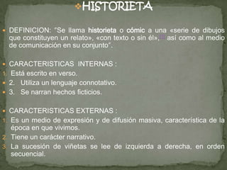 HISTORIETA
 DEFINICION: ″Se llama historieta o cómic a una «serie de dibujos
que constituyen un relato», «con texto o sin él»,[1] así como al medio
de comunicación en su conjunto″.
 CARACTERISTICAS INTERNAS :
1. Está escrito en verso.
 2. Utiliza un lenguaje connotativo.
 3. Se narran hechos ficticios.
 CARACTERISTICAS EXTERNAS :
1. Es un medio de expresión y de difusión masiva, característica de la
época en que vivimos.
2. Tiene un carácter narrativo.
3. La sucesión de viñetas se lee de izquierda a derecha, en orden
secuencial.
 