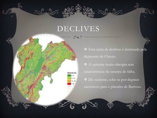 DECLIVES

      Esta carta de declives é dominada pela
     depressão de Chaves.

      A vertente muito abrupta tem
     características de escarpa de falha.

      De ocidente, sobe-se por degraus
     sucessivos para o planalto de Barroso.
 
