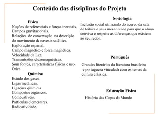 Conteúdo das disciplinas do Projeto
                                                                 Sociologia
          Física :
                                             Inclusão social utilizando do acervo da sala
Noções de referenciais e forças inerciais.
                                             de leitura e seus mecanismos para que o aluno
Campos gravitacionais.
                                             conviva e respeite as diferenças que existem
Relações de conservação na descrição
                                             ao seu redor.
do movimento de naves e satélites.
Exploração espacial.
Campo magnético e força magnética.
Velocidade da Luz.
                                                               Português
Transmissões eletromagnéticas.
Som fontes, características físicas e uso.   Grandes literários da literatura brasileira
Ótica.                                        e portuguesa vinculada com os temas da
          Química:                           cultura clássica.
Estudo dos gases.
Ligas metálicas.
Ligações químicas.
Compostos orgânicos.                                         Educação Física
Combustíveis.                                  História das Copas do Mundo
Partículas elementares.
Radioatividade.
 