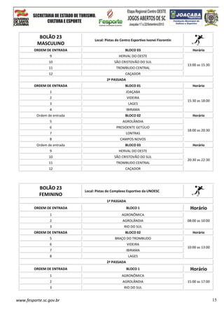 www.fesporte.sc.gov.br 15
BOLÃO 23
MASCULINO
Local: Pistas do Centro Esportivo Ivonei Fiorentin
ORDEM DE ENTRADA BLOCO 03 Horário
9 HERVAL DO OESTE
13:00 as 15:30
10 SÃO CRISTOVÃO DO SUL
11 TROMBUDO CENTRAL
12 CAÇADOR
2ª PASSADA
ORDEM DE ENTRADA BLOCO 01 Horário
1 JOAÇABA
15:30 as 18:00
2 VIDEIRA
3 LAGES
4 IBIRAMA
Ordem de entrada BLOCO 02 Horário
5 AGROLÂNDIA
18:00 as 20:30
6 PRESIDENTE GETÚLIO
7 LONTRAS
8 CAMPOS NOVOS
Ordem de entrada BLOCO 03 Horário
9 HERVAL DO OESTE
20:30 as 22:30
10 SÃO CRISTOVÃO DO SUL
11 TROMBUDO CENTRAL
12 CAÇADOR
BOLÃO 23
FEMININO
Local: Pistas do Complexo Esportivo da UNOESC
1ª PASSADA
ORDEM DE ENTRADA BLOCO 1 Horário
1 AGRONÔMICA
08:00 as 10:002 AGROLÂNDIA
3 RIO DO SUL
ORDEM DE ENTRADA BLOCO 02 Horário
5 BRAÇO DO TROMBUDO
10:00 as 13:00
6 VIDEIRA
7 IBIRAMA
8 LAGES
2ª PASSADA
ORDEM DE ENTRADA BLOCO 1 Horário
1 AGRONÔMICA
15:00 as 17:002 AGROLÂNDIA
3 RIO DO SUL
 