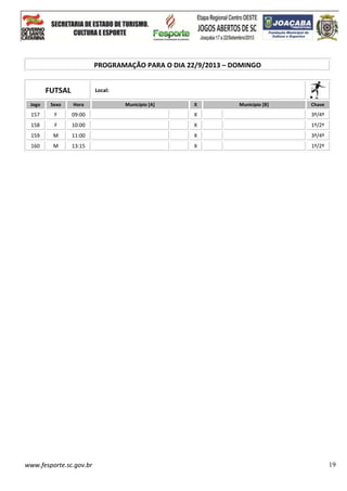 www.fesporte.sc.gov.br 19
PROGRAMAÇÃO PARA O DIA 22/9/2013 – DOMINGO
FUTSAL Local:
Jogo Sexo Hora Município [A] X Município [B] Chave
157 F 09:00 X 3º/4º
158 F 10:00 X 1º/2º
159 M 11:00 X 3º/4º
160 M 13:15 X 1º/2º
 